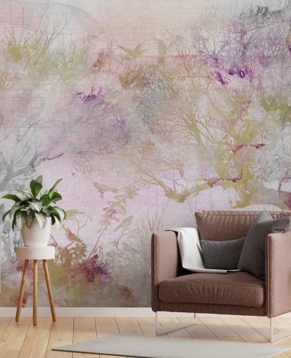 Light purple background with purple, green and red trees in watercolor style Light purple background with purple, green and red trees in watercolor style