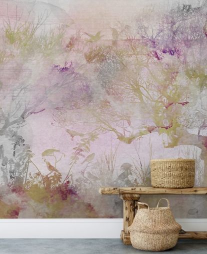 Light purple background with purple, green and red trees in watercolour style Light purple background with purple, green and red trees in watercolour style