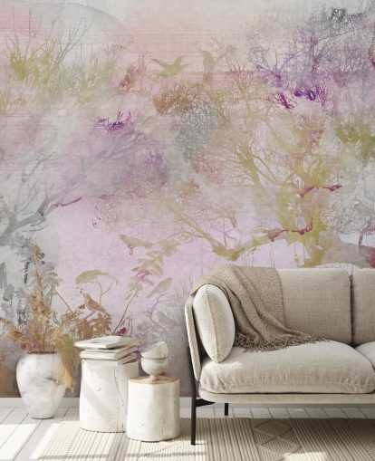 Light purple background with purple, green and red trees in watercolour style
