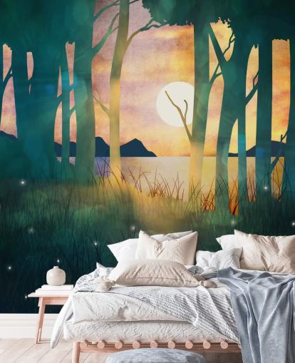 Emerald green forest with a setting sun over a river and blue mountains Emerald green forest with a setting sun over a river and blue mountains