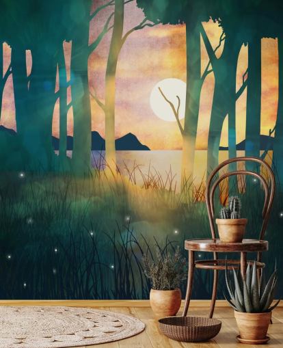 Bosque verde esmeralda con una puesta de sol sobre un río y montañas azules