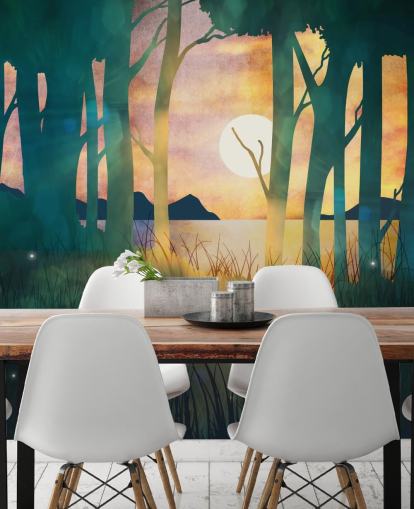 Foresta verde smeraldo con un sole al tramonto su un fiume e montagne blu