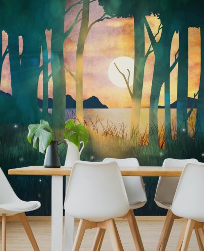 Foresta verde smeraldo con un sole al tramonto su un fiume e montagne blu Foresta verde smeraldo con un sole al tramonto su un fiume e montagne blu