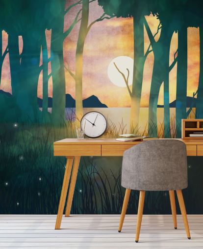 Forêt vert émeraude avec soleil couchant sur une rivière et des montagnes bleues Forêt vert émeraude avec soleil couchant sur une rivière et des montagnes bleues