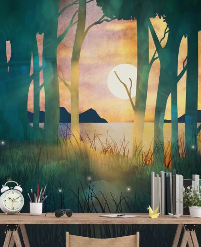 Forêt vert émeraude avec soleil couchant sur une rivière et des montagnes bleues Forêt vert émeraude avec soleil couchant sur une rivière et des montagnes bleues