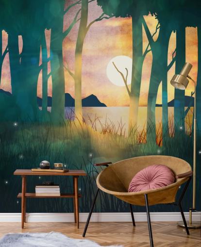 Emerald green forest with a setting sun over a river and blue mountains