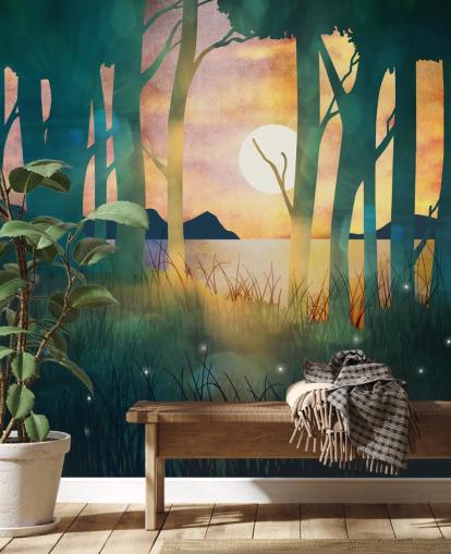 Smaragdgrön skog med solnedgången över en flod och blå berg