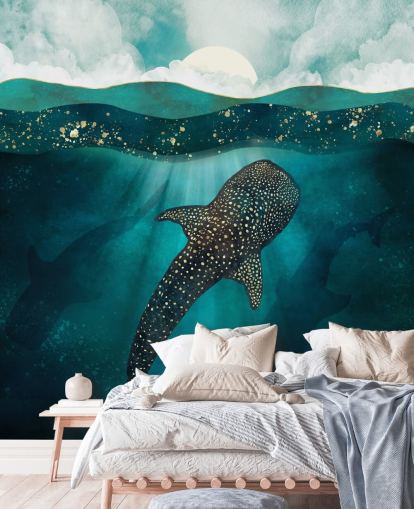 Océano azul oscuro con un tiburón ballena dorado y siluetas azules distantes 