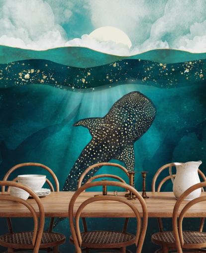 Dark blue ocean with a gold whale shark and distant blue silhouettes wallpaper