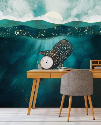 Dark blue ocean with a gold whale shark and distant blue silhouettes 