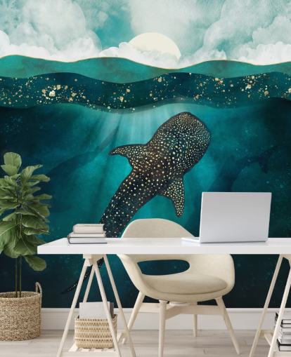 Dark blue ocean with a gold whale shark and distant blue silhouettes 