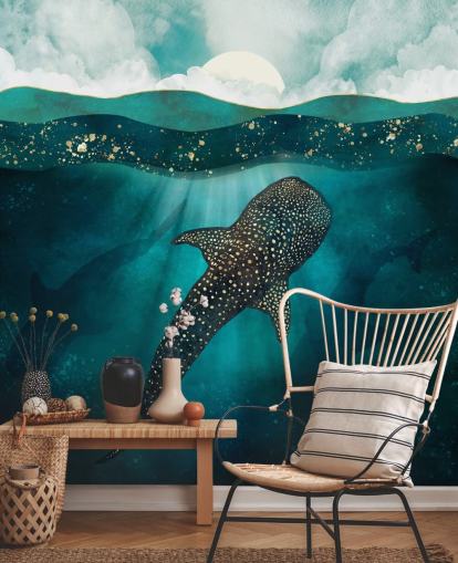 Donkerblauwe oceaan met een gouden walvishaai en blauwe silhouetten in de verte 