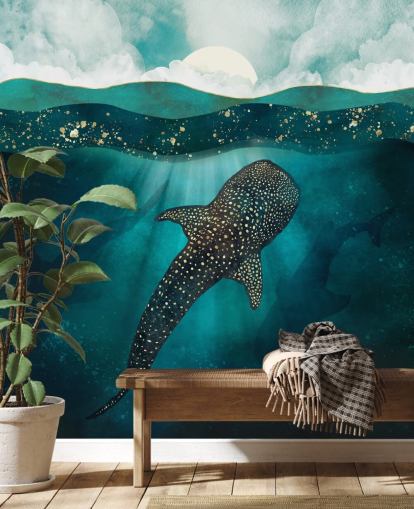 Dark blue ocean with a gold whale shark and distant blue silhouettes 