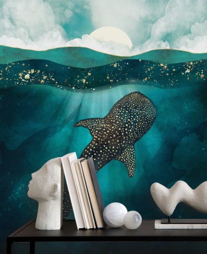 Dark blue ocean with a gold whale shark and distant blue silhouettes wallpaper