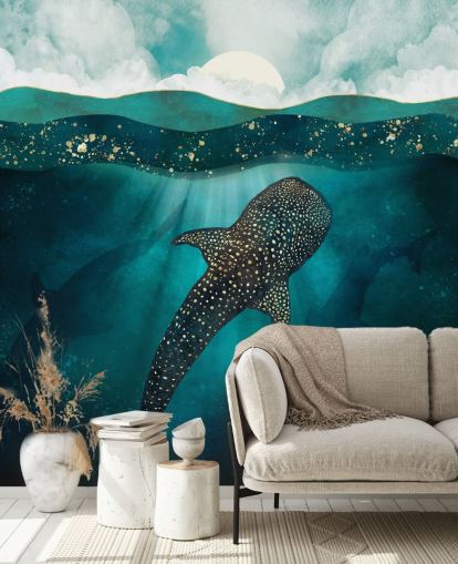 Dark blue ocean with a gold whale shark and distant blue silhouettes 