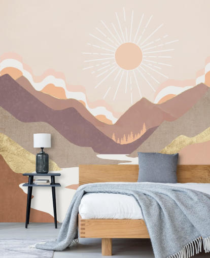 Montagne beige, rosa pastello e viola cipria con un fiume bianco Montagne beige, rosa pastello e viola cipria con un fiume bianco