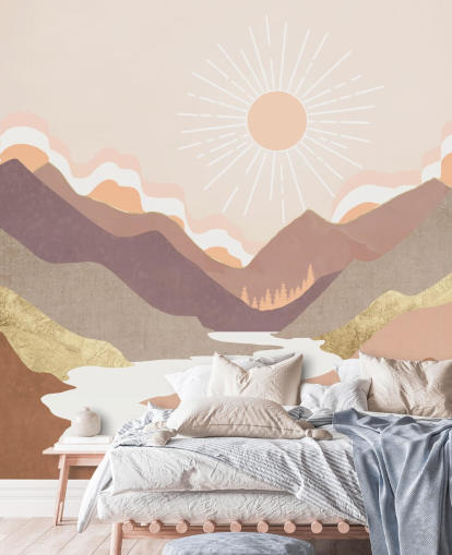 Montagne beige, rosa pastello e viola cipria con un fiume bianco