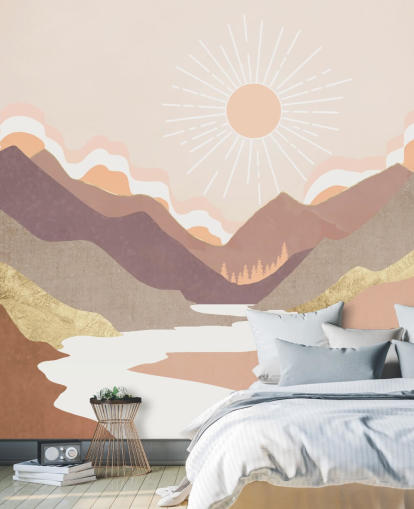 Beige, pastellrosa och rodna lila berg med en vit flod