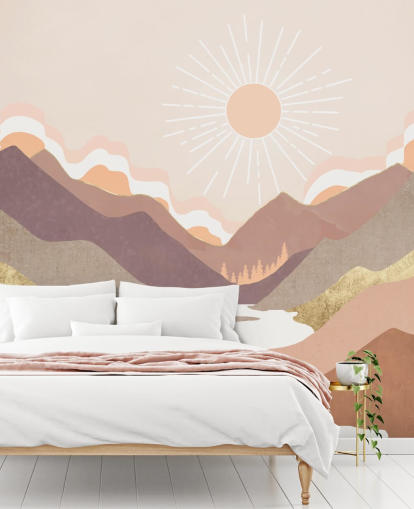 Montanhas bege, rosa pastel e roxas coradas com um rio branco