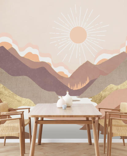 Montañas de color beige, rosa pastel y morado rubor con un río blanco