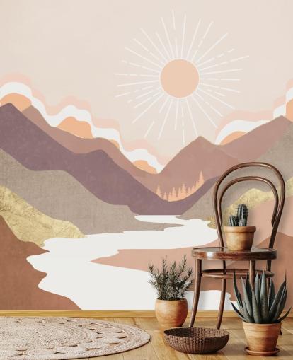 Montañas de color beige, rosa pastel y morado rubor con un río blanco