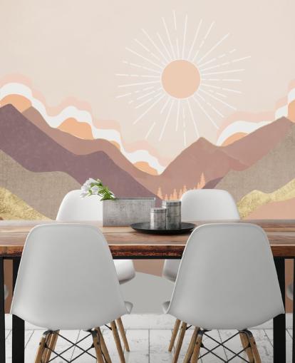 Beige, pastelroze en blauwpaarse bergen met een witte rivier Beige, pastelroze en blauwpaarse bergen met een witte rivier