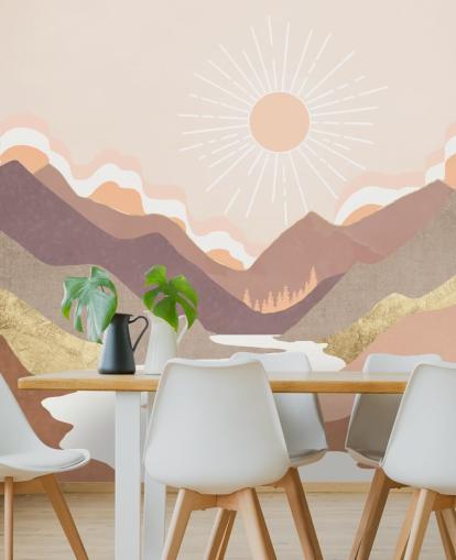 Montañas de color beige, rosa pastel y morado rubor con un río blanco