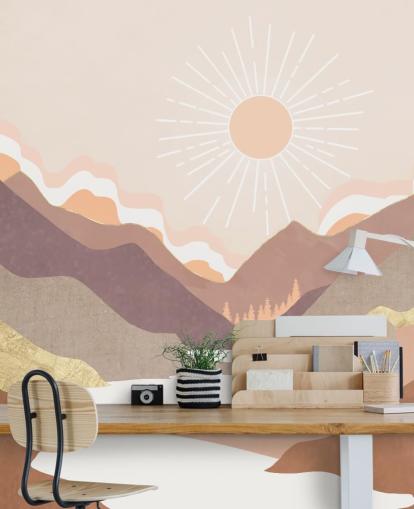 Beige, pastelrosa og rødme lilla bjerge med en hvid flod