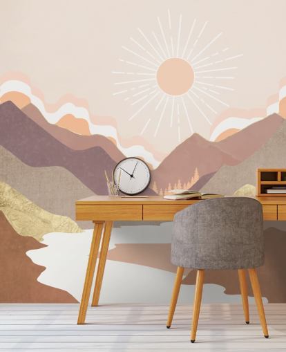 Beige, pastel pink and blush purple mountains with a white river wallpaper