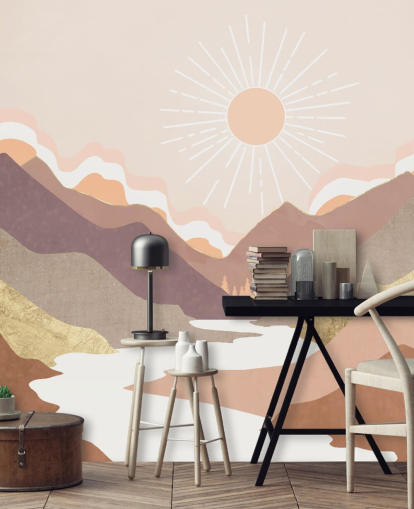 Montanhas bege, rosa pastel e roxas coradas com um rio branco Montanhas bege, rosa pastel e roxas coradas com um rio branco