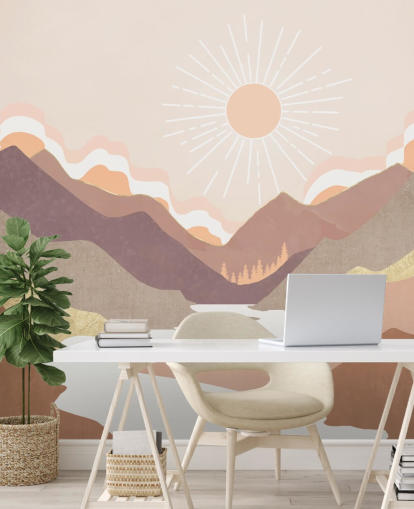 Montagnes beiges, rose pastel et violet blush avec une rivière blanche