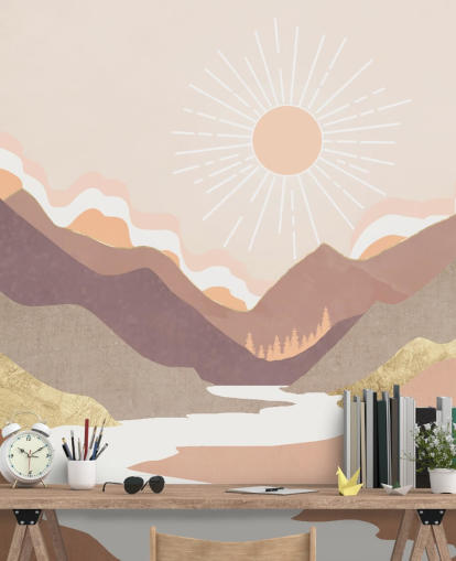 Montagnes beiges, rose pastel et violet blush avec une rivière blanche