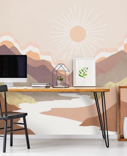 Beige, pastellrosa og rødme lilla fjell med en hvit elv Beige, pastellrosa og rødme lilla fjell med en hvit elv