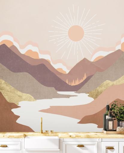 Beige, pastellrosa och rodna lila berg med en vit flod