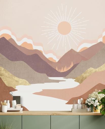 Montañas de color beige, rosa pastel y morado rubor con un río blanco