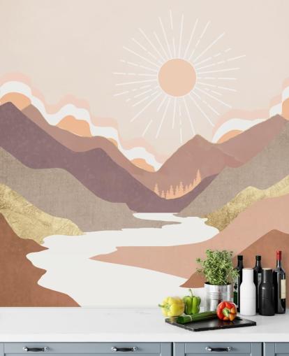 Berge in Beige, Pastellrosa und Rouge Lila mit einem weißen Fluss