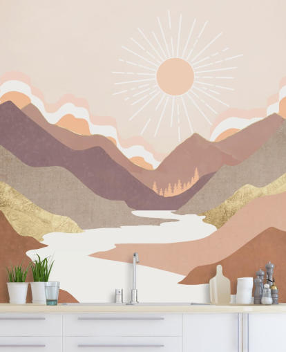 Montagnes beiges, rose pastel et violet blush avec une rivière blanche