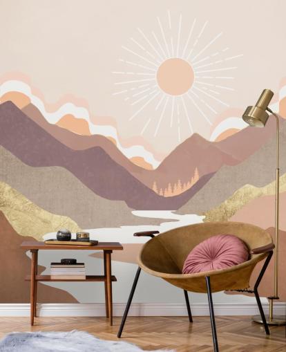 Montagne beige, rosa pastello e viola cipria con un fiume bianco