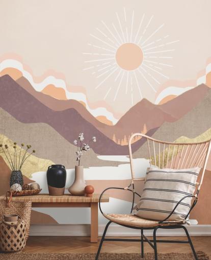 Berge in Beige, Pastellrosa und Rouge Lila mit einem weißen Fluss Berge in Beige, Pastellrosa und Rouge Lila mit einem weißen Fluss