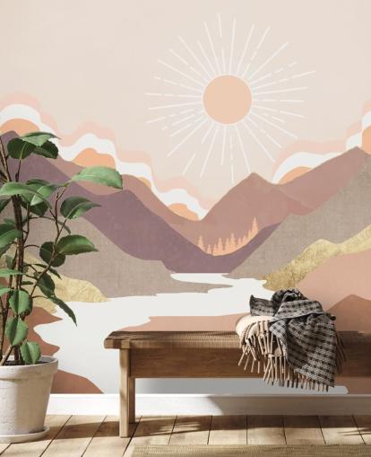 Montagne beige, rosa pastello e viola cipria con un fiume bianco