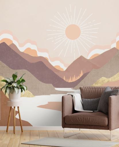 Montagne beige, rosa pastello e viola cipria con un fiume bianco