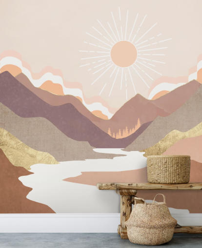 Beige, pastellrosa och rodna lila berg med en vit flod Beige, pastellrosa och rodna lila berg med en vit flod