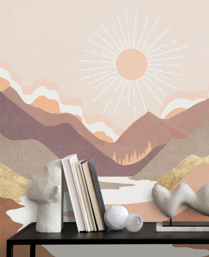 Montañas de color beige, rosa pastel y morado rubor con un río blanco