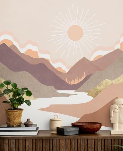 Montagne beige, rosa pastello e viola cipria con un fiume bianco