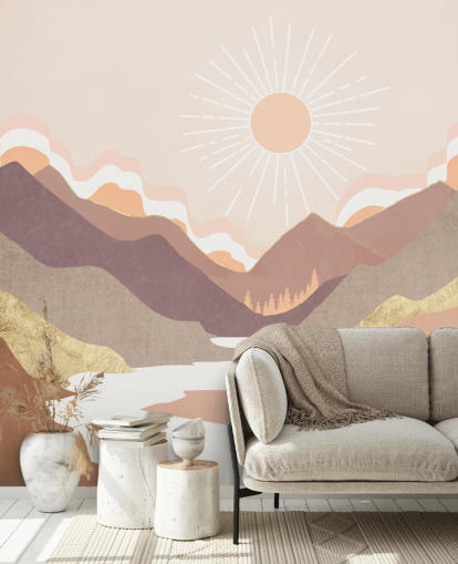 Beige, pastel pink and blush purple mountains with a white river