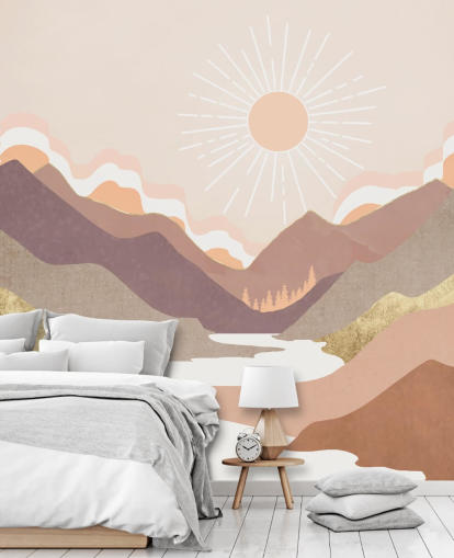 Beige, pastelrosa og rødme lilla bjerge med en hvid flod