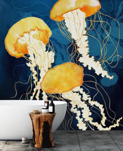 Fondo negro y azul con medusas flotantes amarillas