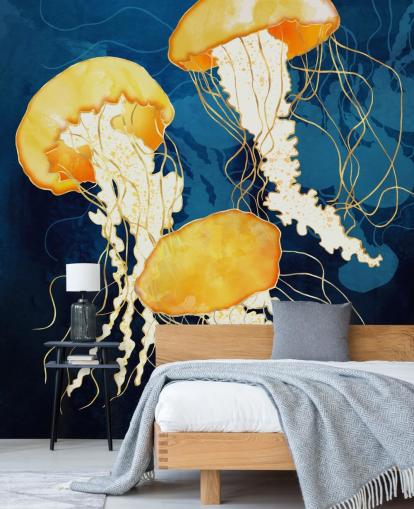 Fundo preto e azul com medusas flutuantes amarelas Fundo preto e azul com medusas flutuantes amarelas