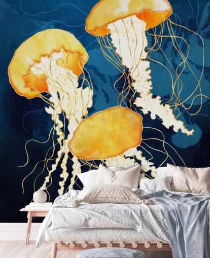 Black and blue background with yellow floating jellyfish Black and blue background with yellow floating jellyfish