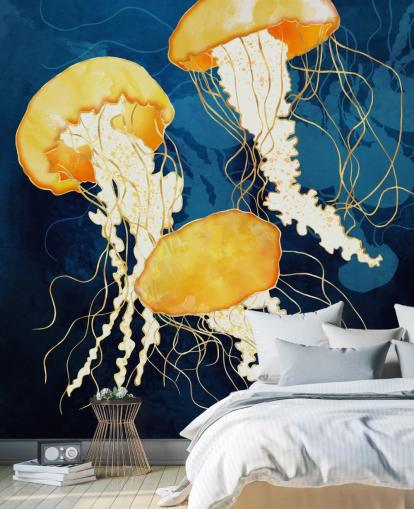 Fundo preto e azul com medusas flutuantes amarelas